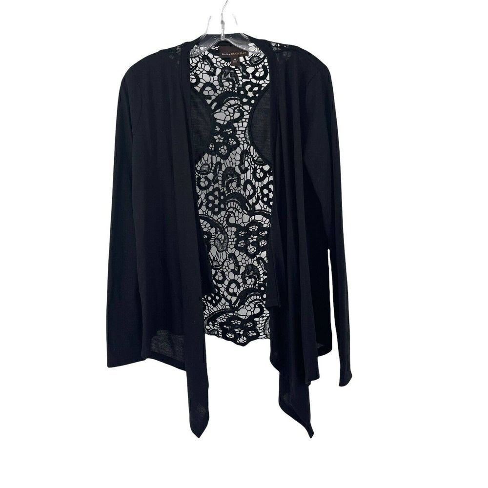 Dana Buchman Black Open Front Cardigan Crochet Knit Open Front Waterfall Size S